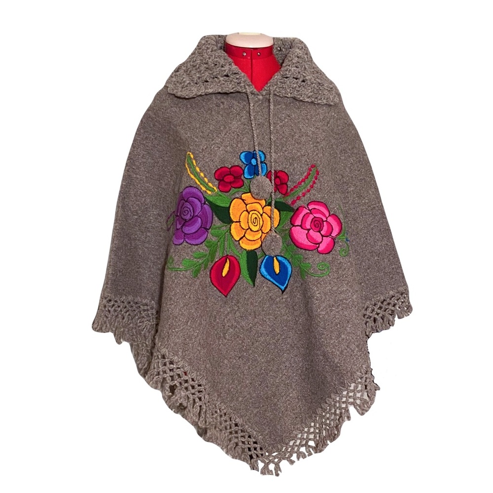 100% Wool Knit Crochet Embroidered Flowers Floral Handmade